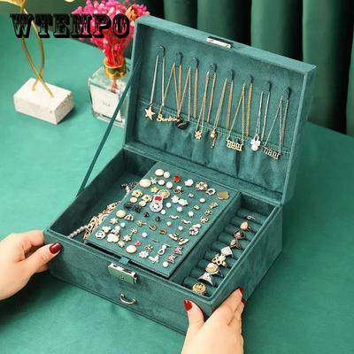 Dvojvrstvová veľká flanelová škatuľka na šperky v európskom štýle Jednoduchá krabička na šperky Zelená škatuľka na náušnice