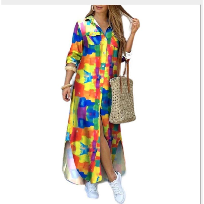 

2025 Новое женское платье-рубашка из денима с воротником-лацканом и однобортной застежкой на пуговицах - Повседневное платье свободного кроя, шикарное и сексуальное XL