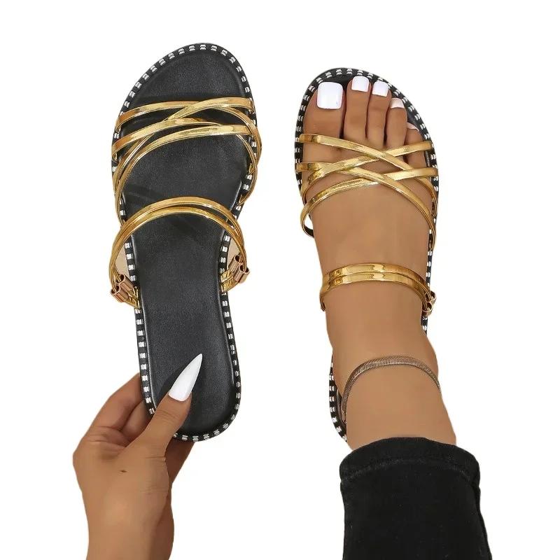2024 Summer Open Toe Solid Color Women's Beach Slippers Large Size Two-Wear Flat Bottom Glossy Roman Women's Sandals