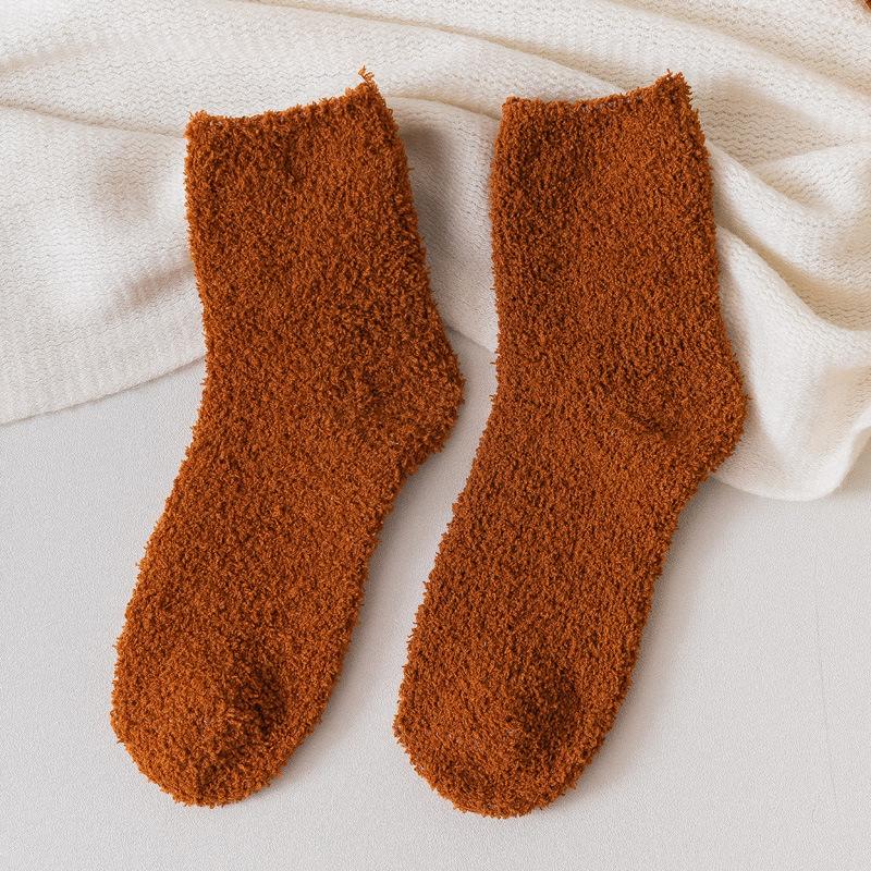 Autumn and Winter Half-fleece Socks, Coral Fleece Women's Solid Color Socks, Thickened Warm Mid-calf Socks, Postpartum Socks, Floor Socks