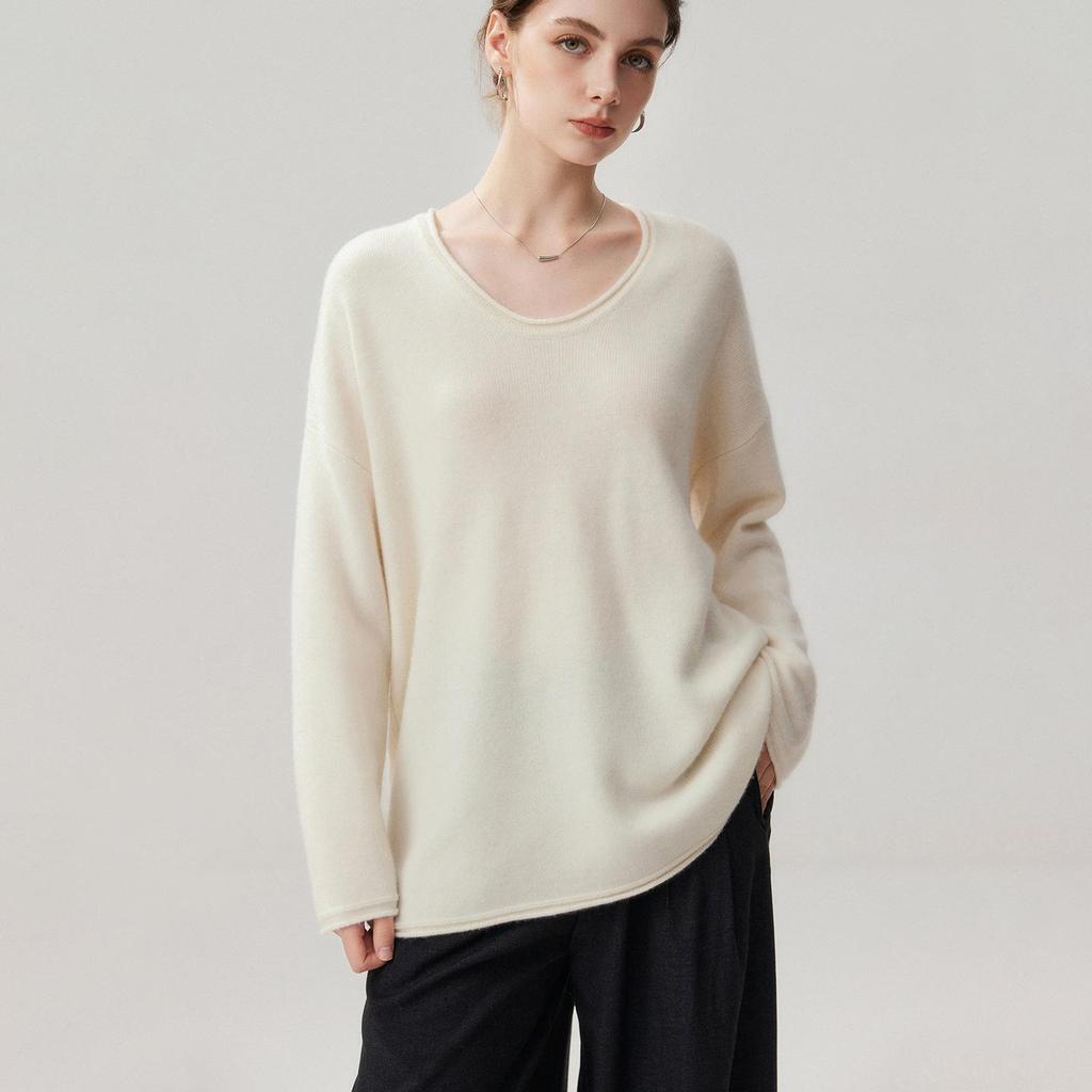 Women's U-neck Cashmere Mid-length Sweater - Fashionable, Loose, Versatile Autumn & Winter Knit Base Layer