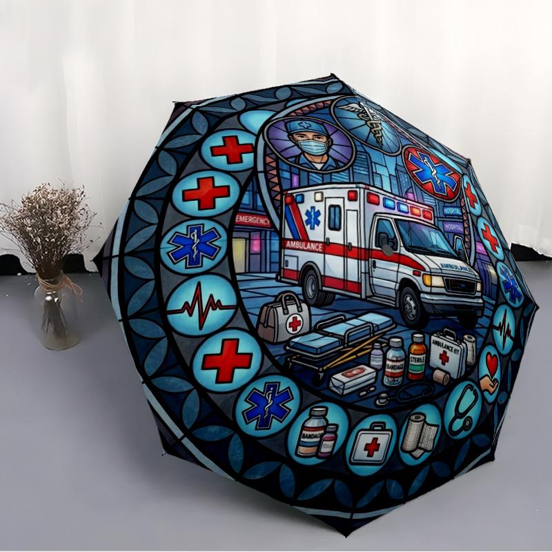 Emergency Medical Services pattern umbrella, portable and foldable design, 8 ribs, a casual accessory for Halloween, Christmas, and birthday gifts.