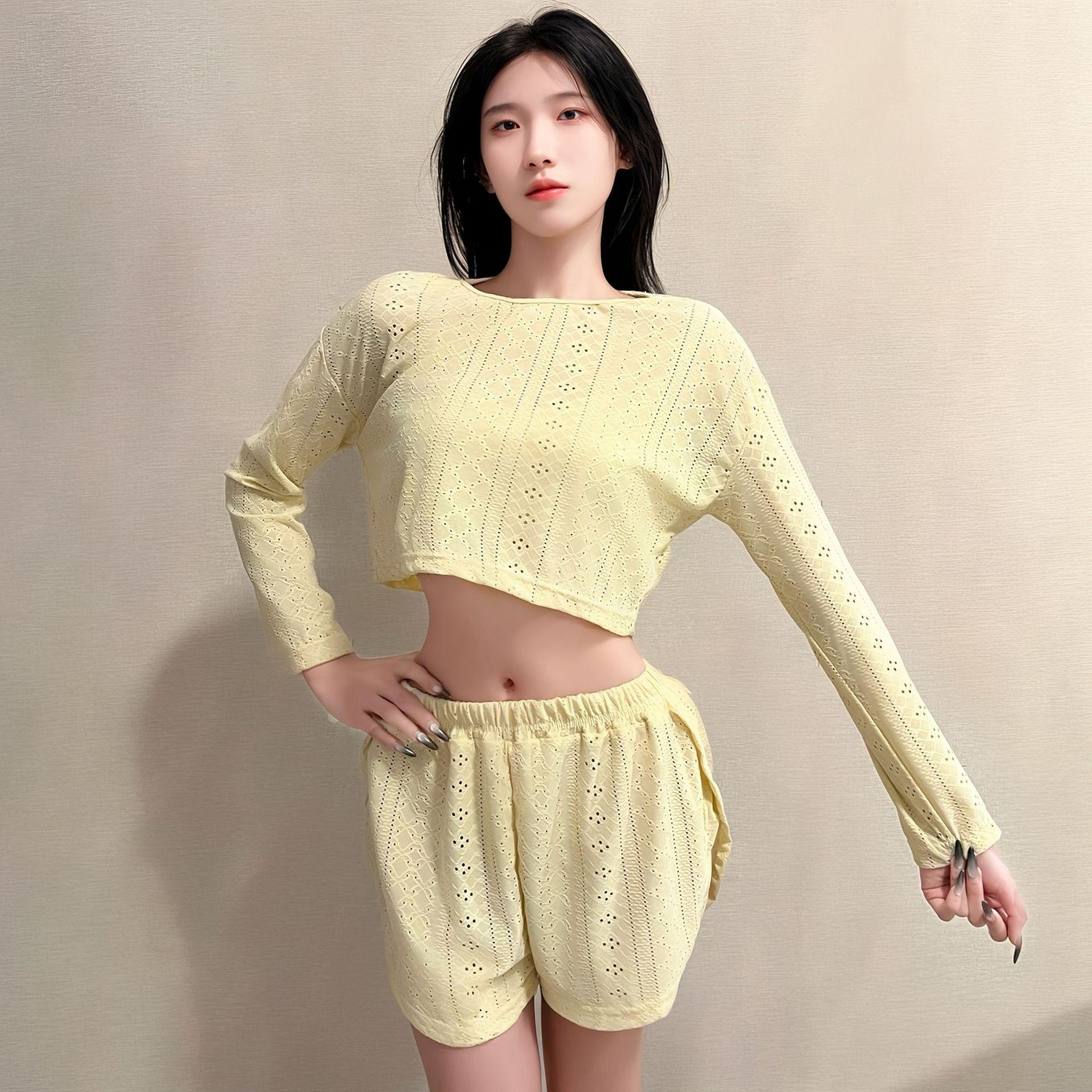 

Trendy Hollow-Out Lounge Set: Slim Fit Long Sleeve Pullover & Shorts Extra Extra Large жёлтый