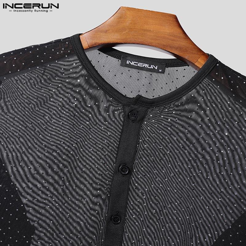 INCERUN Herren Rundhals Langarm Hotfix Strass Mesh Transparent Figurbetont Party T-Shirts