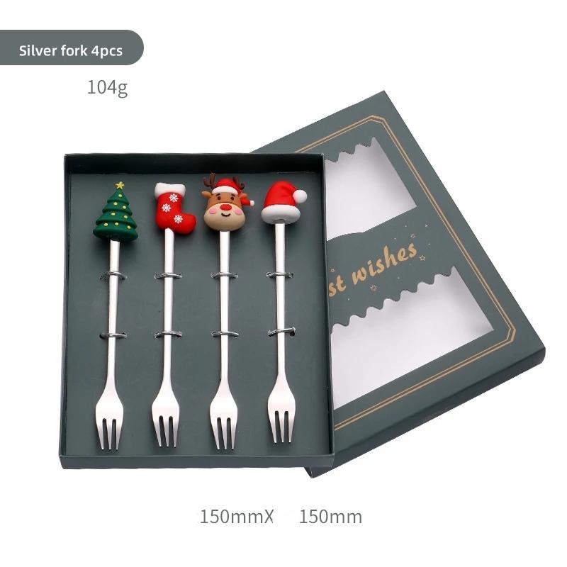 4/6PCS Christmas Spoon Fork Set Santa Claus Christmas Tree Decoration Stainless Steel Dessert Scoop Fruit Fork Christmas Gift