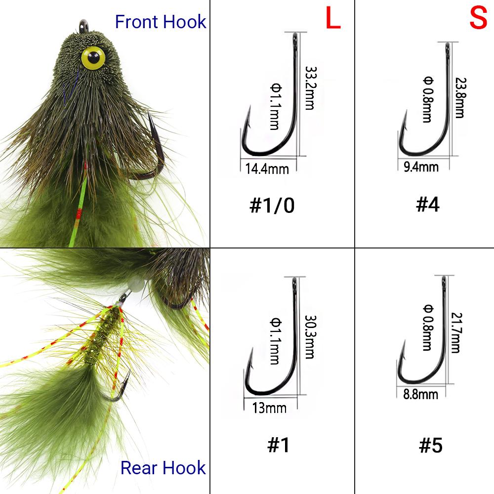 Artikulovaný streamerový muška s jelení srstí Bass Bug & Design s dvojháčkem Fish Spine pro velkou zvěř ve slané vodě, Efektivní rybářská nástraha