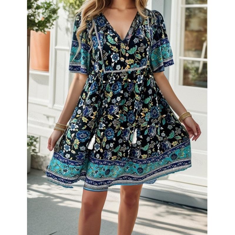 Damen Blumendruck Boho Strand Minikleid Sommer V-Ausschnitt Kurzarm Schnürung Lässige Lose Urlaubskleider Robe Weiblich