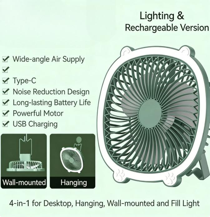 

LED Light Fan Strong Wind Desktop USB Rechargeable Wide Angle Bracket Fan for Office Bedroom Study Camping Tent Indoor Lighting зелёный