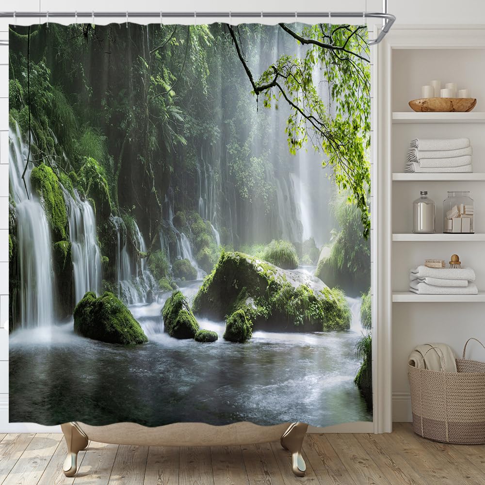 Natural Scenery Waterfall Shower Curtain Plant Lake River Landscape Bath Decor Bathroom Waterproof Polyester Cloth Curtain