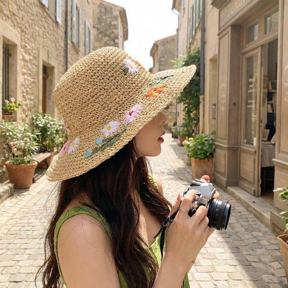 Embroidered Flower Flower Straw Hat Colorful UV Protection Cap Sweet Weave Hat  Holiday