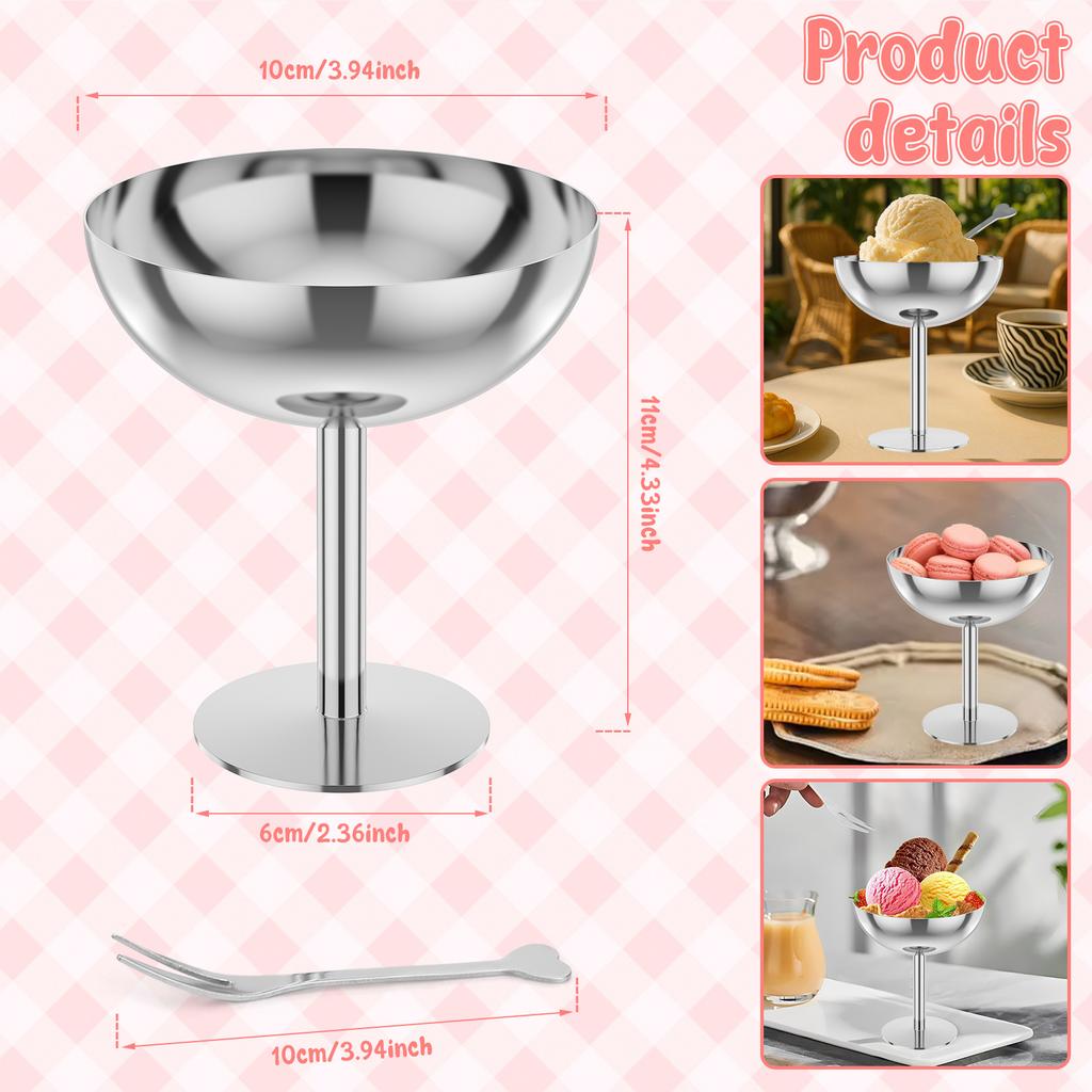 2Pcs 304 Stainless Steel Dessert Cup Ice Cream Cups Salad Goblet Retro High Base Bowl For Fruit Yogurt Snack Dish Bar Dinnerware