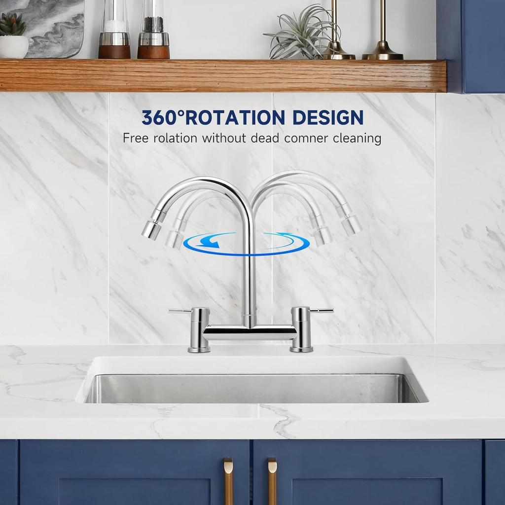 Kitchen Bridge Mixer Taps with 360° Swivel Spout, 2 Hole Sink Mixer Taps Dual Levers Faucet, 180 Mm Centers Deck Mounted Chrome Sink Tap 2 Function
