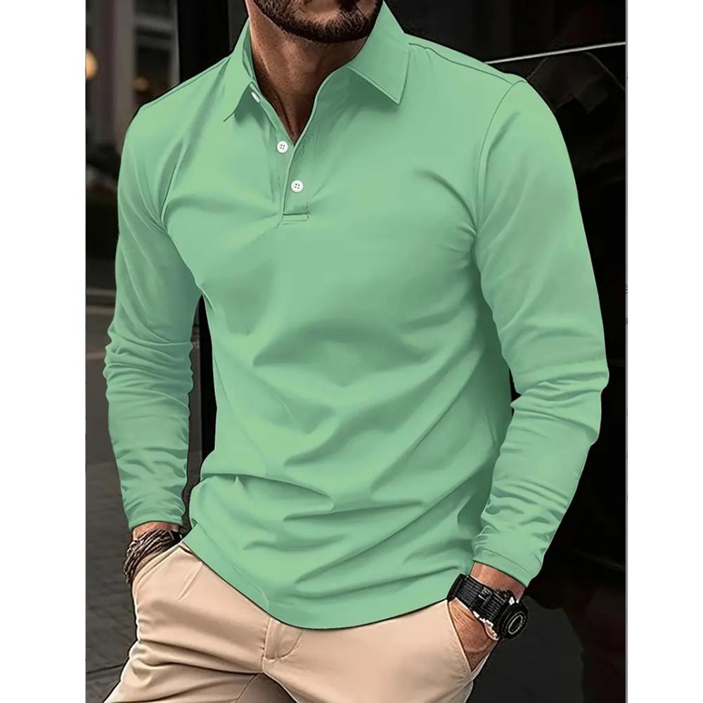 Men's Spring Long Sleeve Polo Shirt Solid Color Turn-down Collar Golf Shirts Fashion Business Casual Male Tops Tees