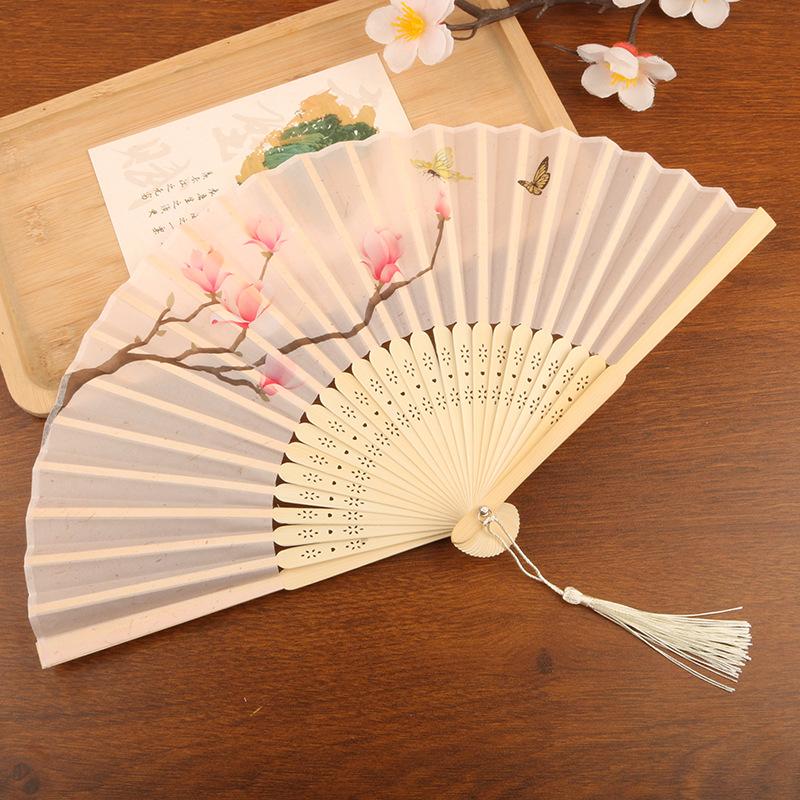 *1Pcs Chinese Style Butterfly Floral Folding Fan Hand Held Fan Tassel Wedding Dance Summer Decor