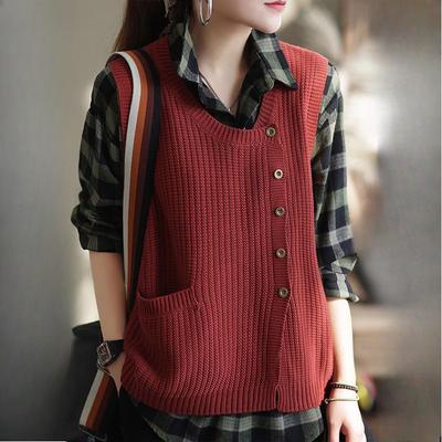 Women's Knitted Vest with Asymmetric Hem Retro Artistic Loose Versatile Casual Gilet Top Cardigan