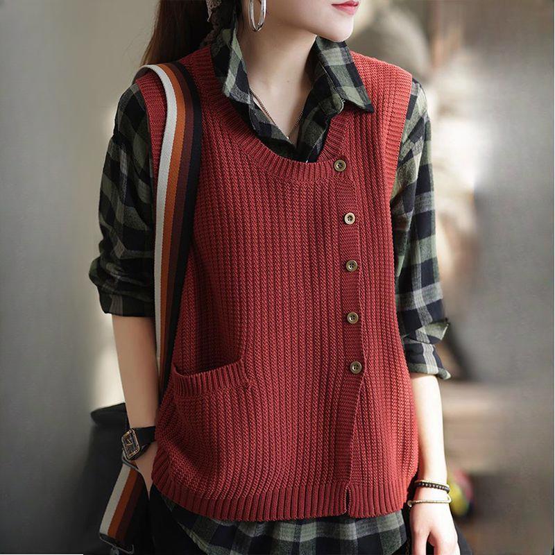 Women's Knitted Vest with Asymmetric Hem Retro Artistic Loose Versatile Casual Gilet Top Cardigan