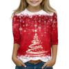 Christmas Day Print Tops For Youth Girls 4-11 Years Round Neck 3/4 Sleeves T-Shirts Trendy Tops Outfit Tees
