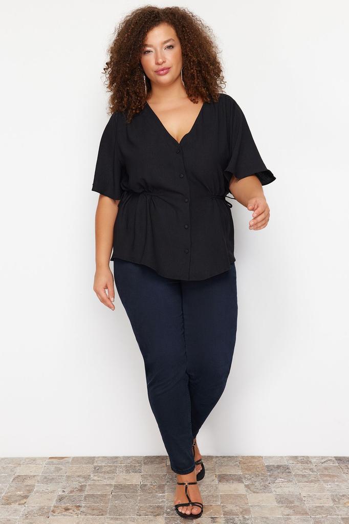 Women's Fashion Red Woven V-Neck Tie Blouse