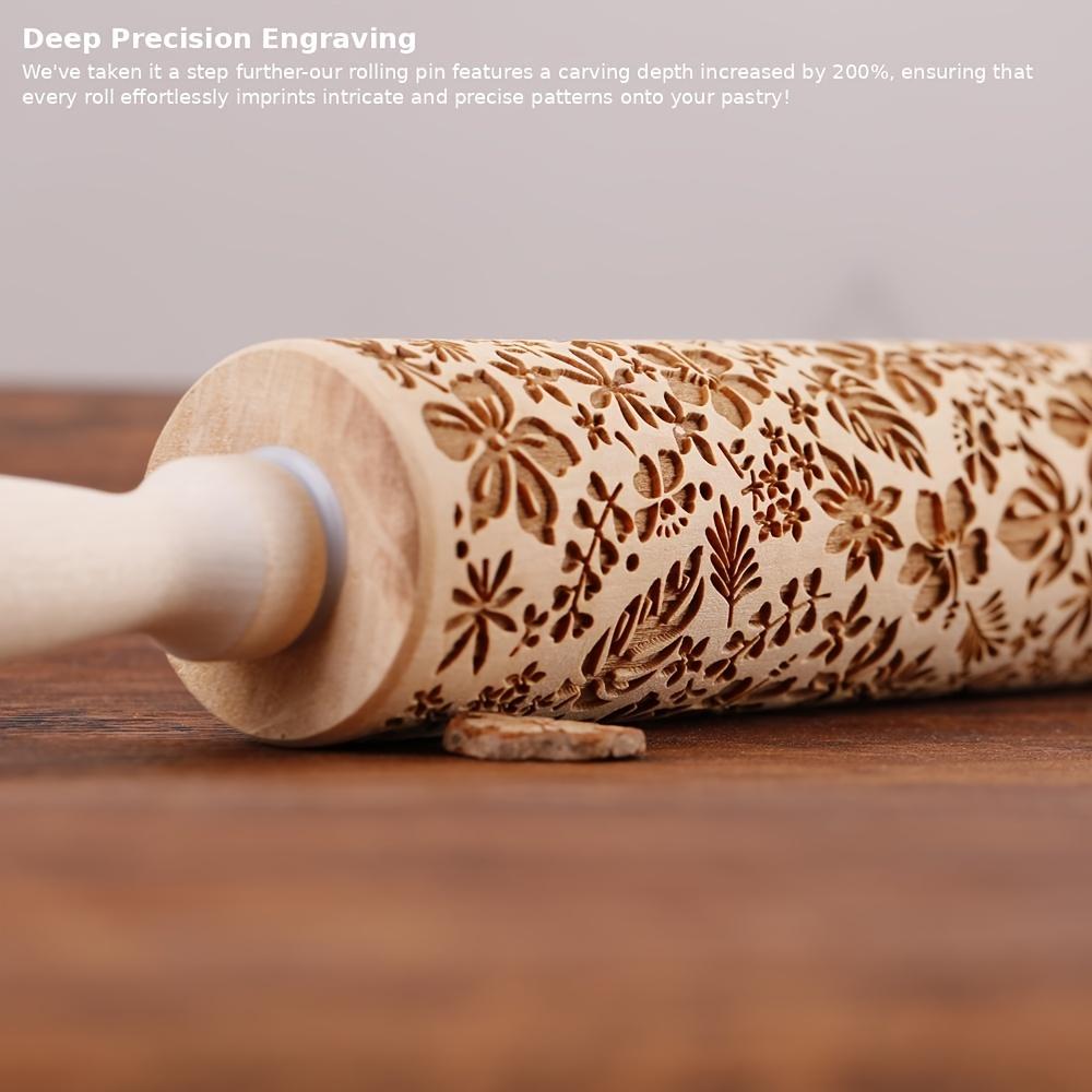 1pc, Flowers Leaves Rolling Pin, Wooden Embossing Dough Roller, for Pizza, Pie, Cookie, and More, Kitchen Utensils,Kitchen Gadgets,Kitchen Accessories
