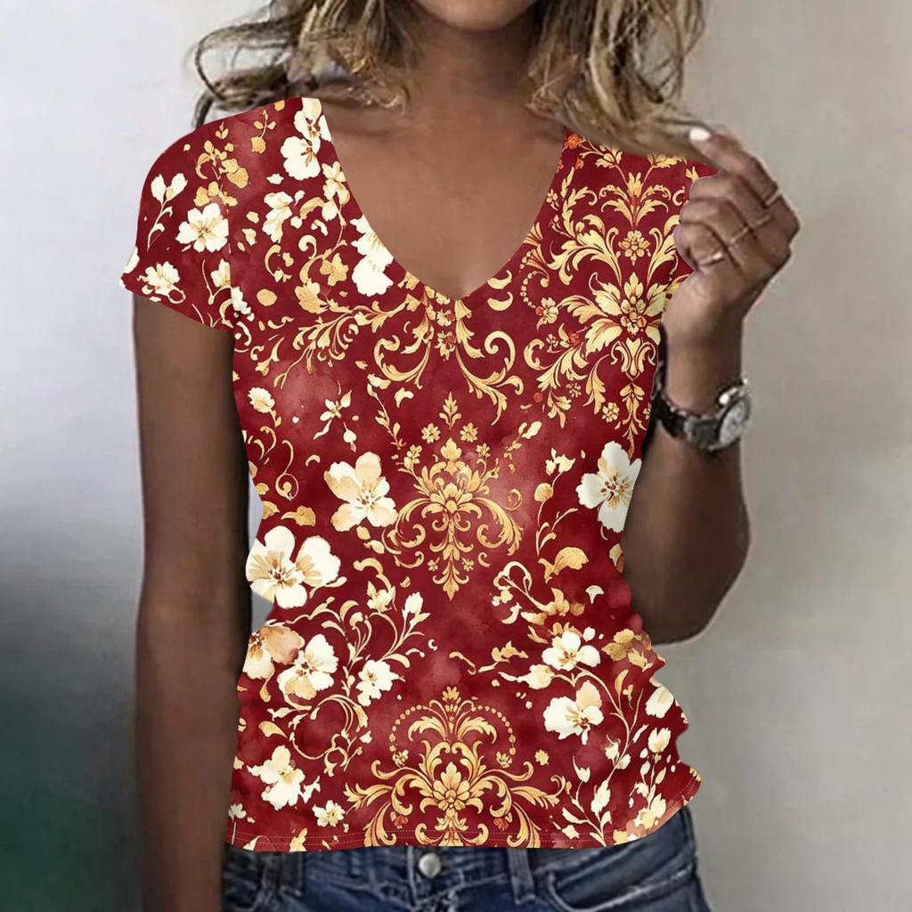 Women’s Casual V Neck Short Sleeve Floral Print T Shirt Top Lightweight Relaxed Fit Comfortable Summer Blouse for Daily Wear