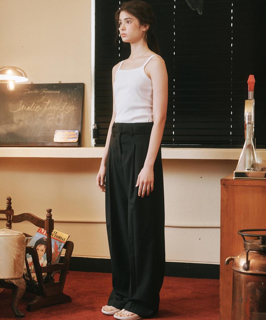 MALOUPE 2155 Single-Pleat Belted Wide Pants (Navy)