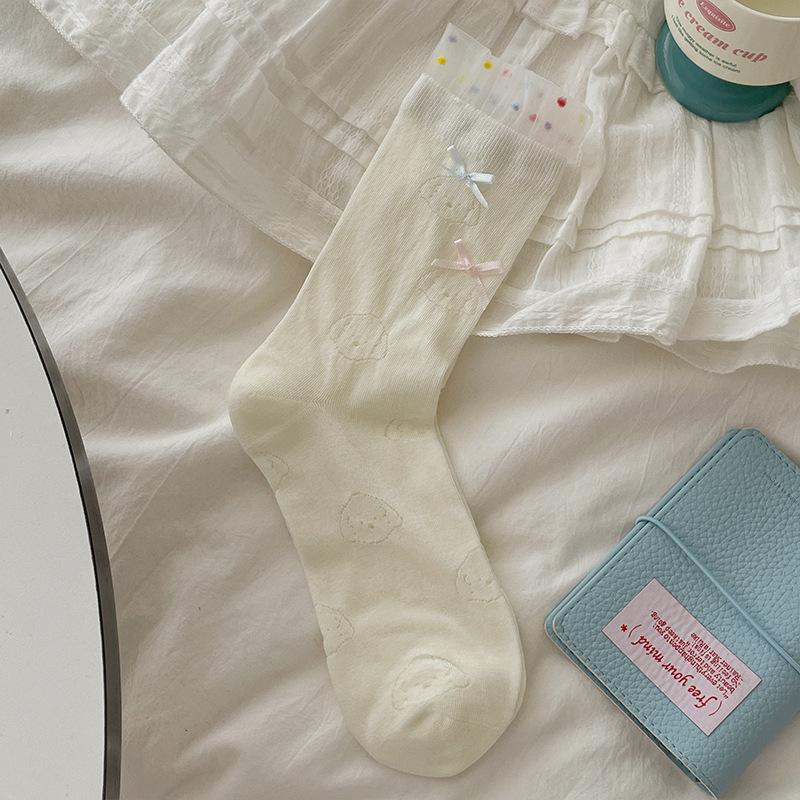 Bílé ponožky, Dámské podzimní látkové štítkové ponožky do půli lýtek, Sladká mašle, Krajková lemovka, Froté ponožky, Bezkostní