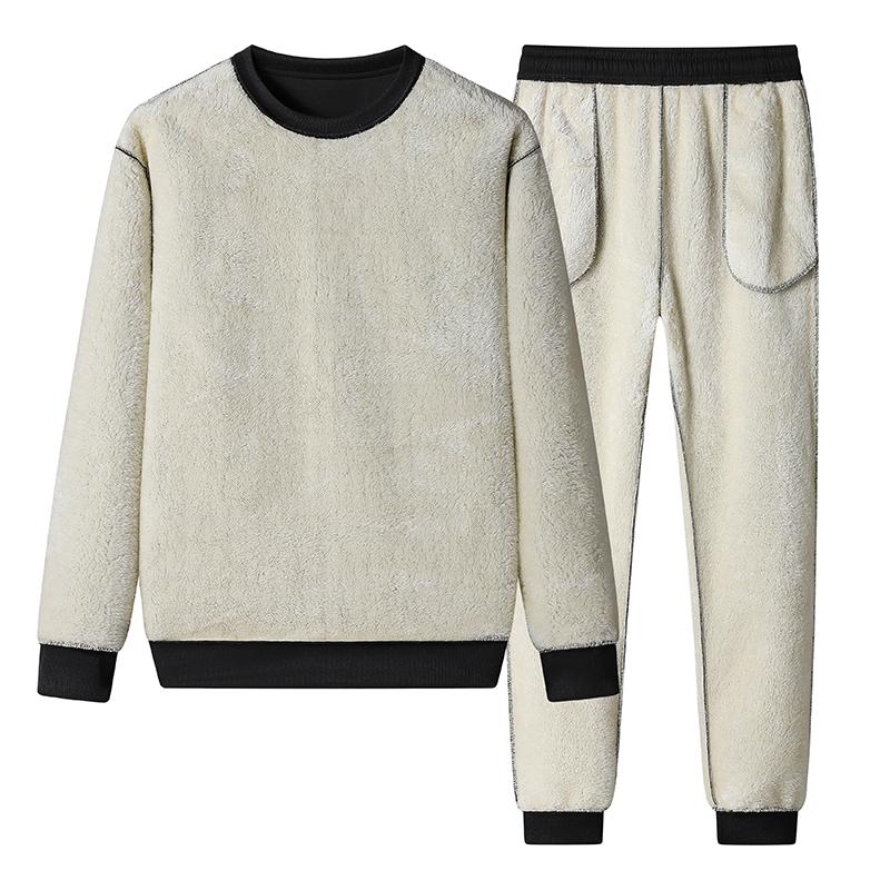 Lamb Velvet Suit Men Round Neck Jacket Men Plus Velvet Thickened Winter Men's Cardigan Two-piece Youth Sweatshirt Sports Suit