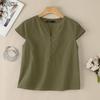 Women Casual V-Neck Solid Color Short Sleeve Cotton Blouse