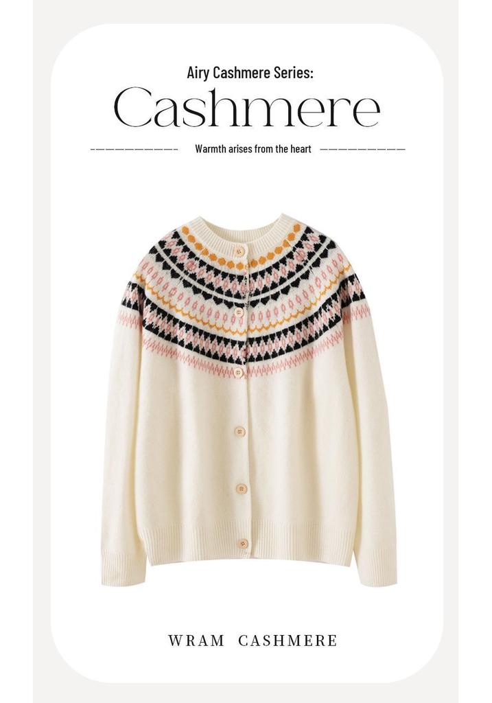 Ethnic Jacquard Round Neck Knit Cardigan - Women's Casual Sweater Top (2025)