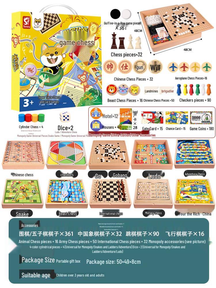 Educational Multifunctional Wooden Board Game Set: Go, Five-in-a-Row, Checkers, and Ludo for Kids