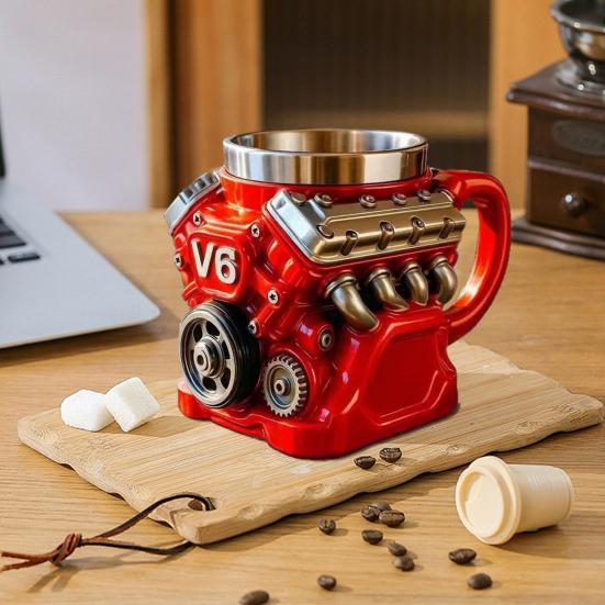 Retro Engine Coffee Mug Resin Mechanical Coffee Cup Collectible 3D Steampunk Beverage Mug for Car Enthusiasts