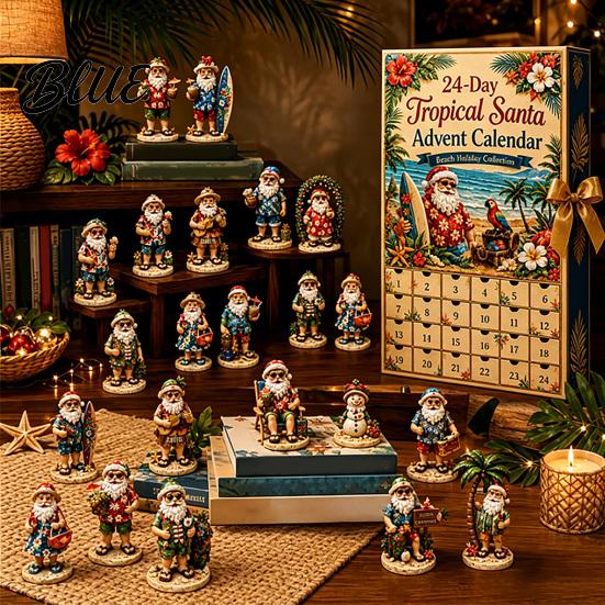 Tropical Christmas Tree Hanging Decor 2026 Summer Beach Santa Advent Calendar, 24-Day Acrylic Ornament Set with Holiday Countdown Box Surfing Figures,
