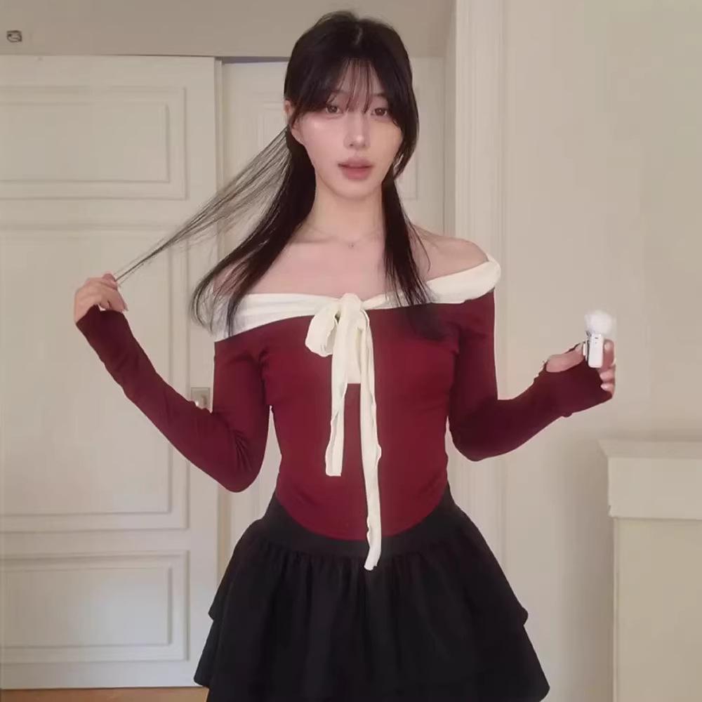 

Ji-a Style Bow Off-Shoulder Slim Fit Women s Top - Spring/Autumn One Size вина червоного кольору