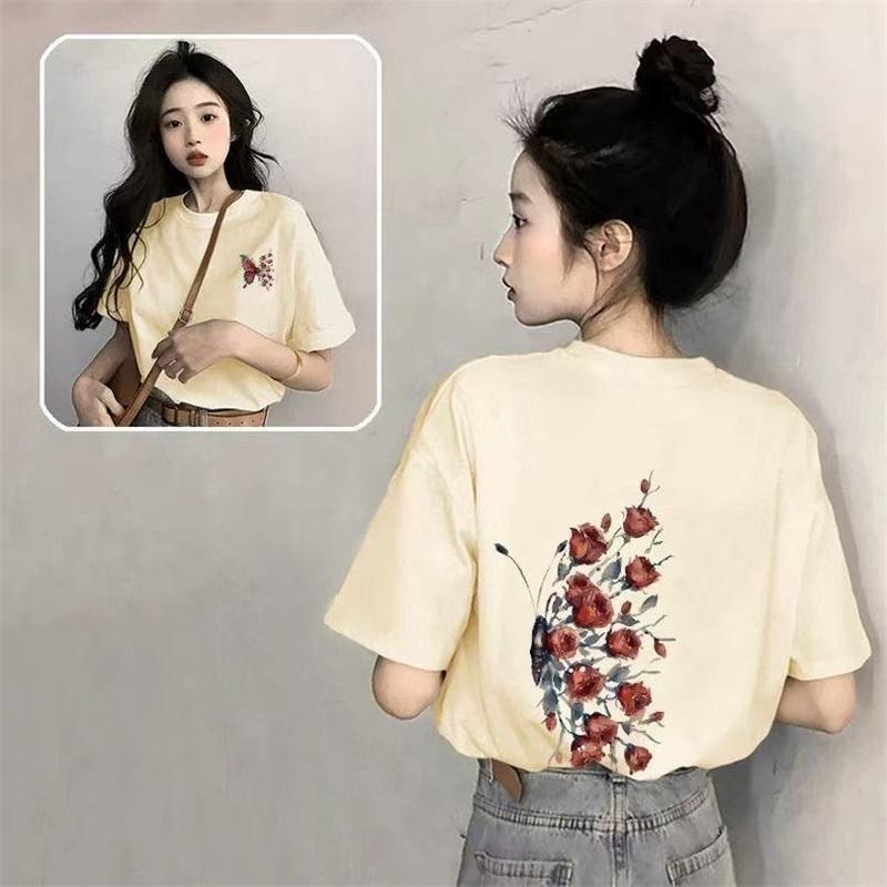 Women Rose Print T-Shirt Casual Short Sleeve Tee
