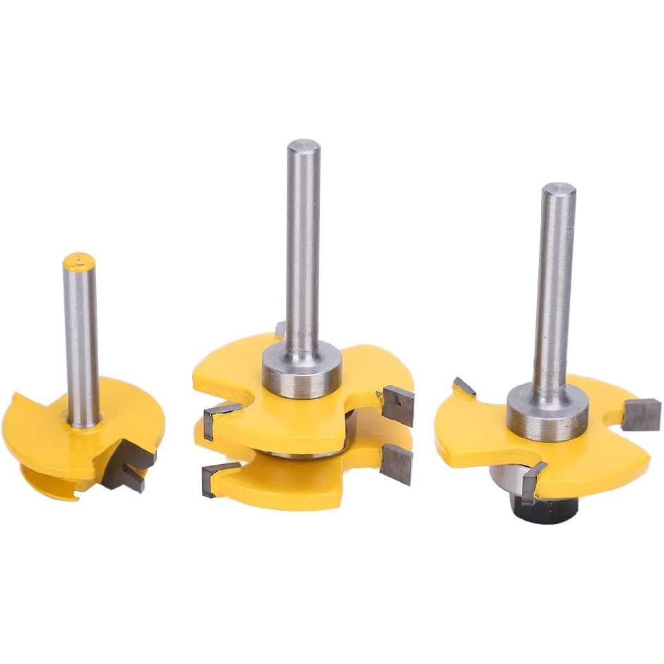 1/4 Inch Shank Router Bit Set, 3PCS Tongue and Groove Router Bits, 45 Degree Joint Router Bits, 3 Teeth T Shaped Wood Milling Cutter Set for