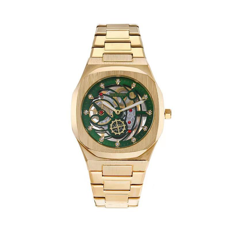 

Steel strip waterproof personalized hollow out non mechanical luxury gold green quartz small square watch