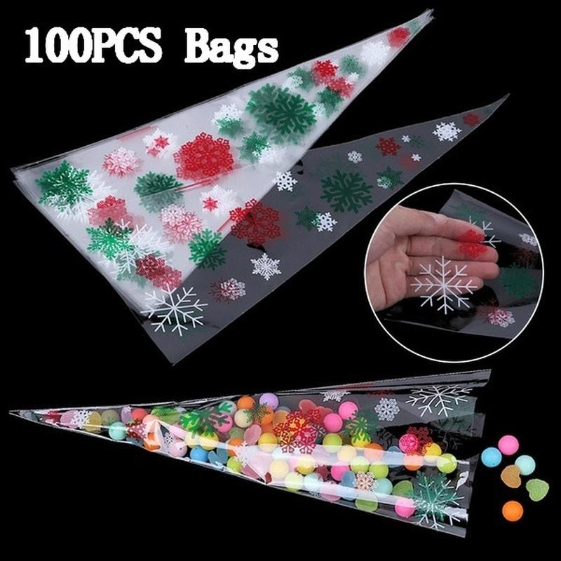 100PCS Wedding Favors Transparent Xmas Pattern Cone-Shaped Christmas Candy Bags Gift Pouch Pocket Pastry Bags Xmas Gifts Bags