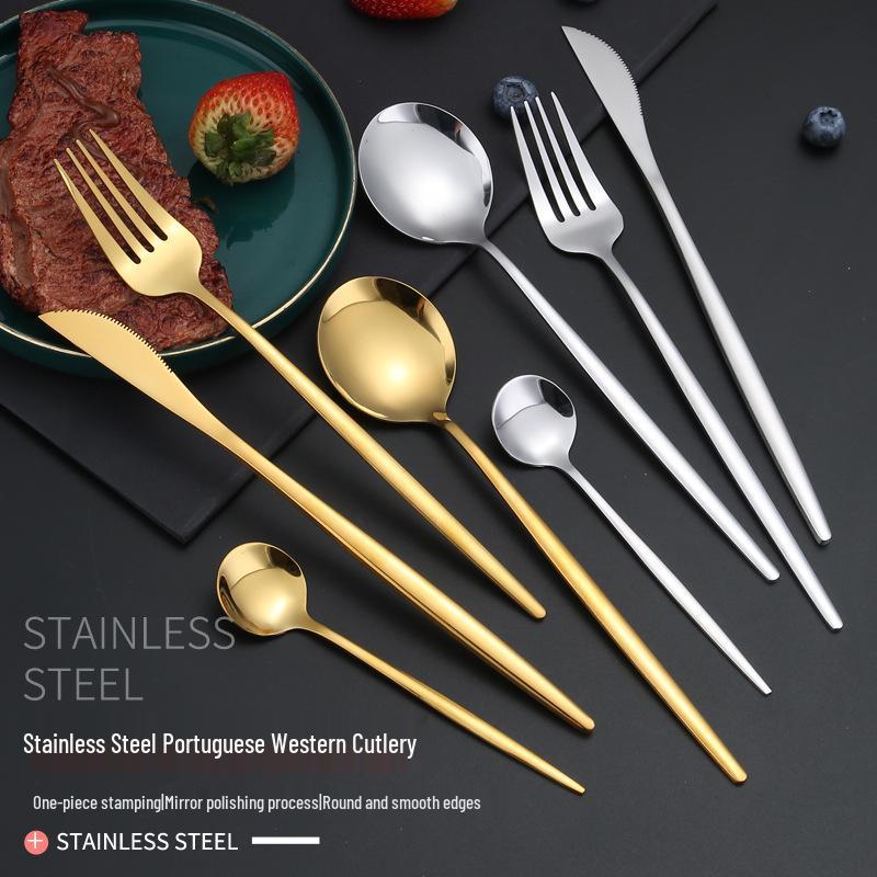 Zestaw sztućców ze stali nierdzewnej w kolorze złotym: Nóż, Widelec, Łyżka, Nóż do steków, Łyżeczka do kawy i Widelec obiadowy dla Hotelu i Restauracji