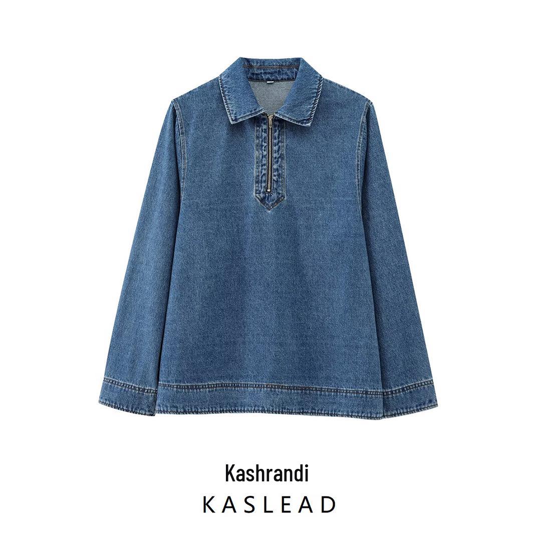 

2025 Spring Women s European & American Style Denim Shirt with Lapel & Zipper XS