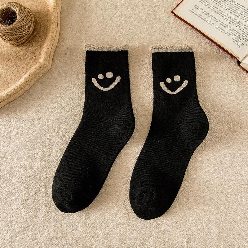 

Толстые шерстяные носки с теплым улыбающимся лицом на осень и зиму, петельные носки с толстыми чулками чёрный