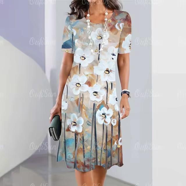 Elegant Women Short Sleeve Fashion 3d Print Midi Dress Plus Size Beach Clothing