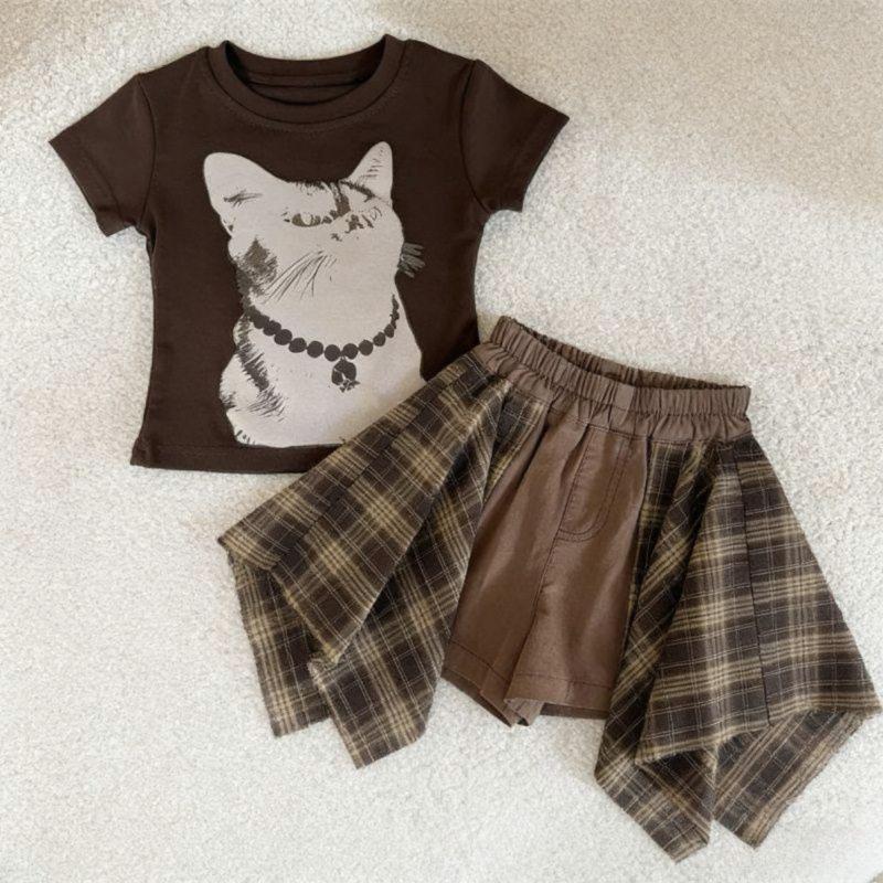 Girls Summer Cartoon Short Sleeve Top And Plaid Skort Set Middle Big Kids Modern Dance Two Piece Outfit 90cm