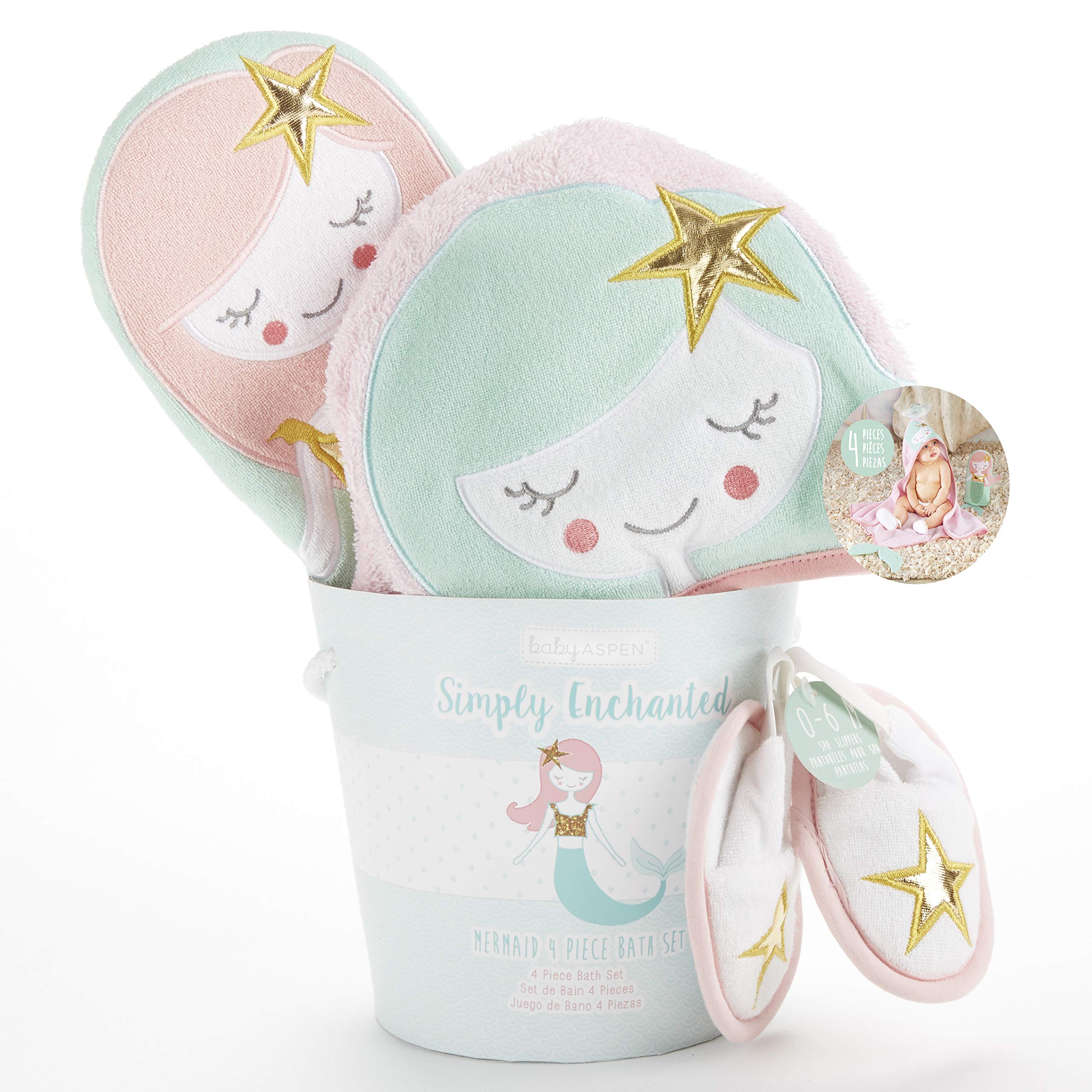 

Baby Aspen Baby Bath Gift Set (3 pieces): Baby Bath, Hooded Bath Towel, Mittens, Slippers, Bath Poncho, Baby Bath Robe - Mermaid Design