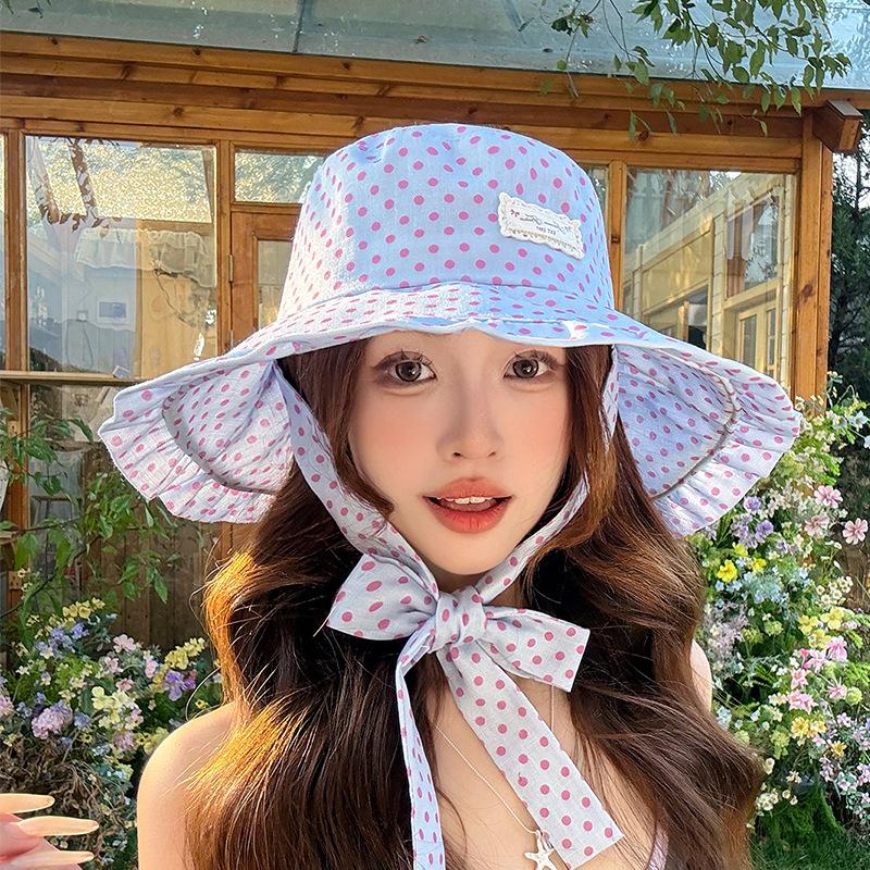 Cute Polka Dot Bucket Hat Wide Ruffled Brim Uv Protection Summer Beach Travel Outdoor Use