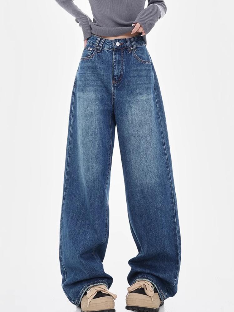 Spring New Vintage Washed Wide Leg Jeans Women 2000s High Waisted Straight Loose Slim Mop Pants Korea Chic Design Blue Denim Trousers