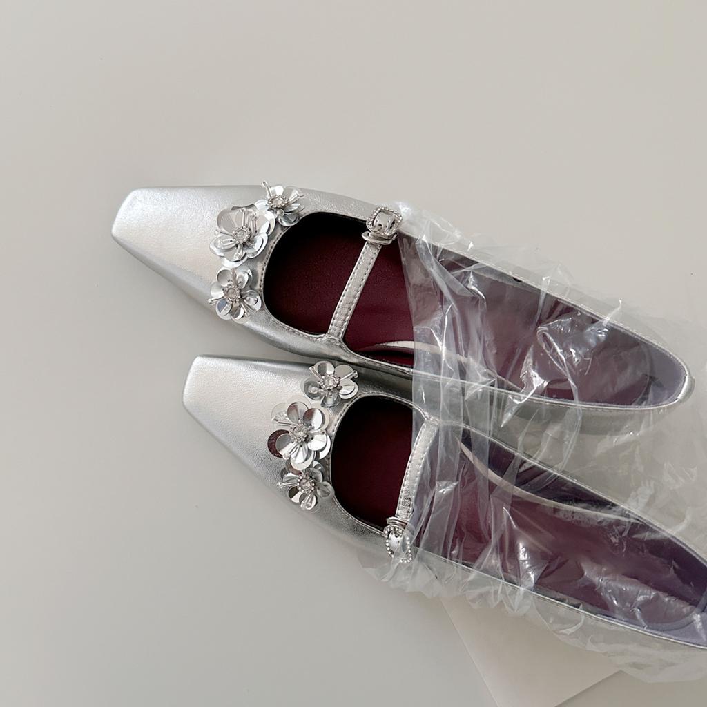 Sheepskin~ French flower silver Mary Jane shoes femininity square head light mouth with skirt inner height-increasing commuting shoes