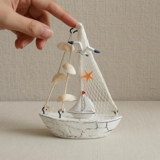 Nautical Wooden Sailboat Models Coastal Beach Style Blue White Ship Tabletop Figurine for Home Living Room Office Farmhouse Decor