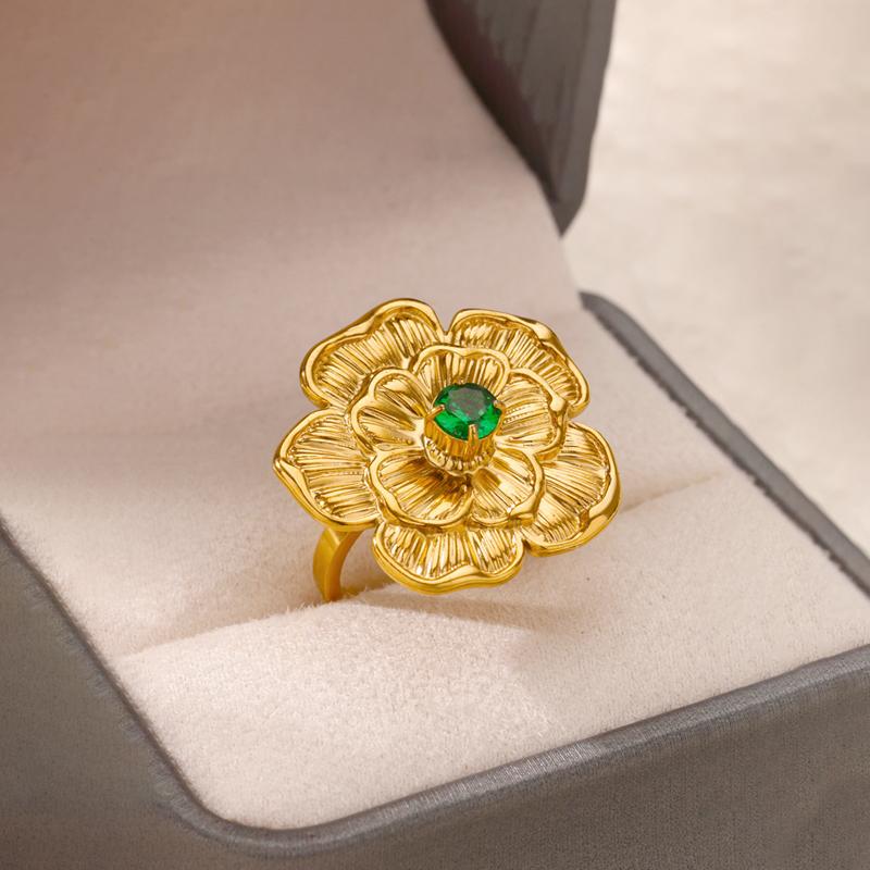 

Роскошные кольца из нержавеющей стали с цирконом в виде цветка, регулируемое кольцо с цирконом, женские свадебные аксессуары с цирконом, не тускнеющие, подарок для отпуска Diameter 17.3 mm