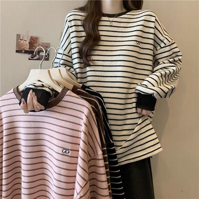 Jesień i Zima Nowa Damska Koszula Bazowa w Paski z Podszewką Dziewczęca De Welurowa Góra Luźny Sweter Wewnętrzny T-shirt Góra Piżamy