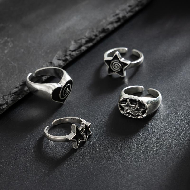 Europäisches und Amerikanisches Schwarzes Drip Oil Pentagramm Offener Ring Set für Männer Jungen Hip-Hop Herz Faden Persönlichkeitsring Gothic Schmuck